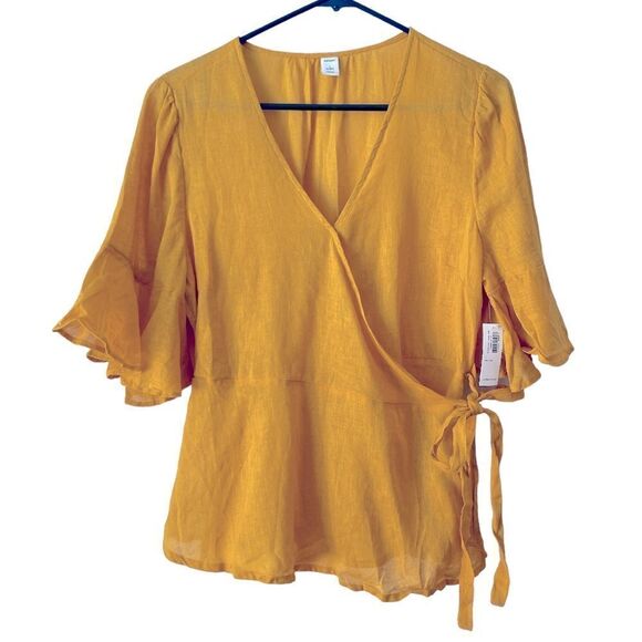 OLD NAVY Yellow Trumpet Sleeve Wrap Blouse Size L Petite NWT - Picture 1 of 8